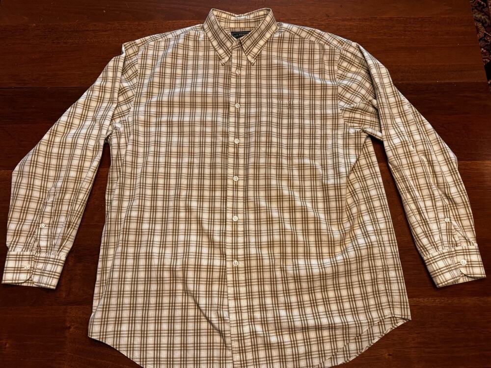 C.C. Filson Shirt Long Sleeve Button Down Collar Brown Plaid Light Cotton Tan